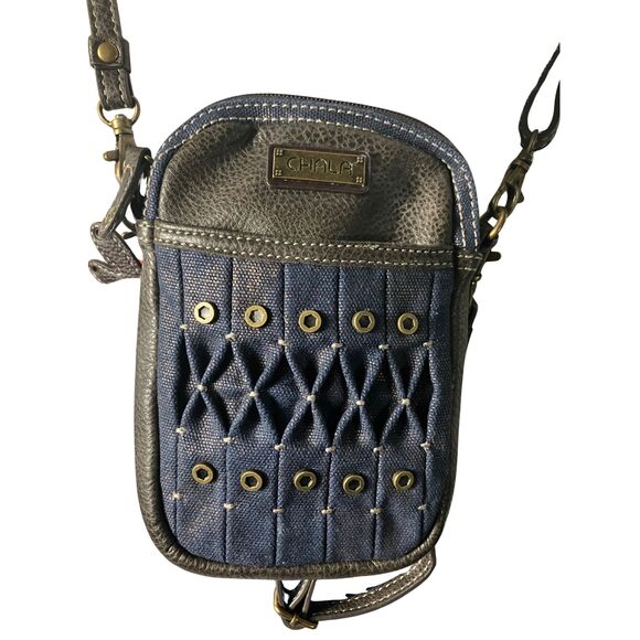 Chala Convertible Crossbody Mini Bag Blue Canvas Leather Trim - Picture 3 of 9